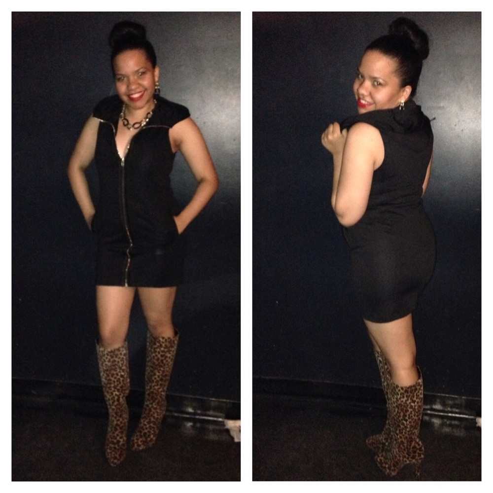 Black Hooded Zip Up Dress